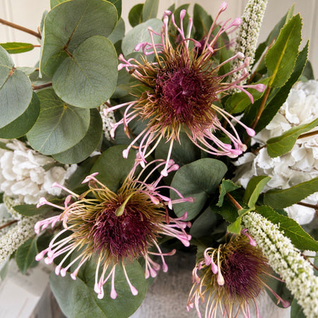Green and purple protea stem head