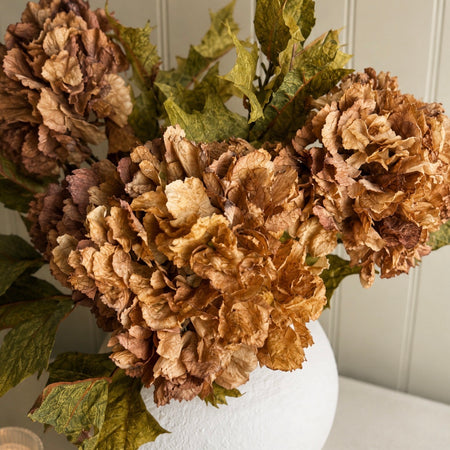 Dried touch real feel cappuccino coffee brown ruffled hydrangeas stem 52cm