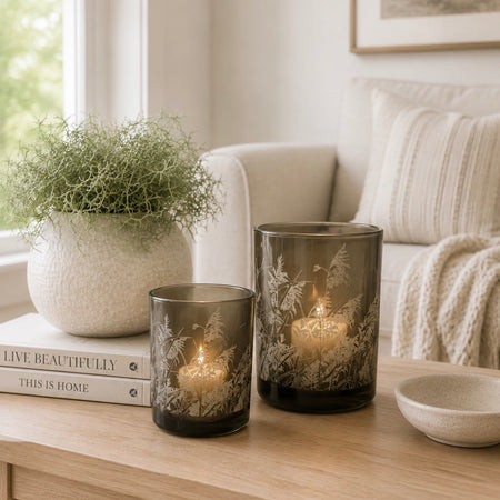 Brown grass leaf botanical detail candle holder 2 sizes