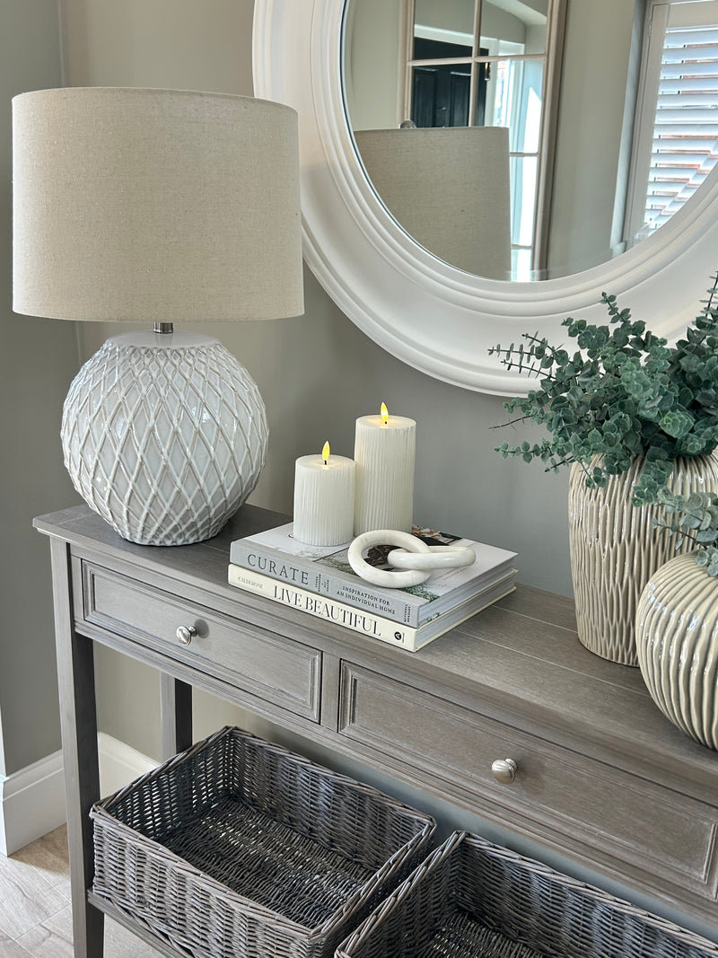 Washed wood 2 drawer console table with shelf