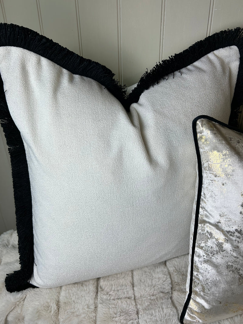 Ivory white boucle weave with Black Trim Edge Hugo Cushion 56cm