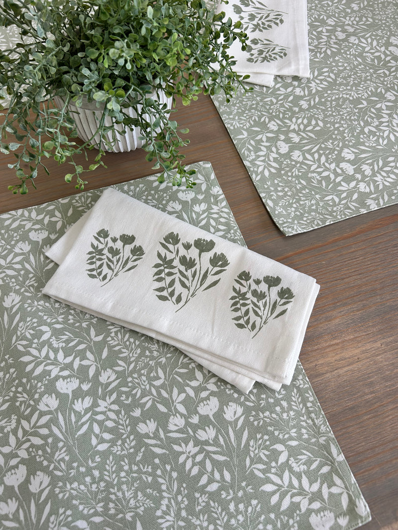 Set of 4 sage green floral cotton placemats and linen cotton napkins