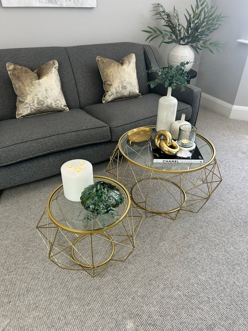 Set of two gold metal glass round coffee tables side table