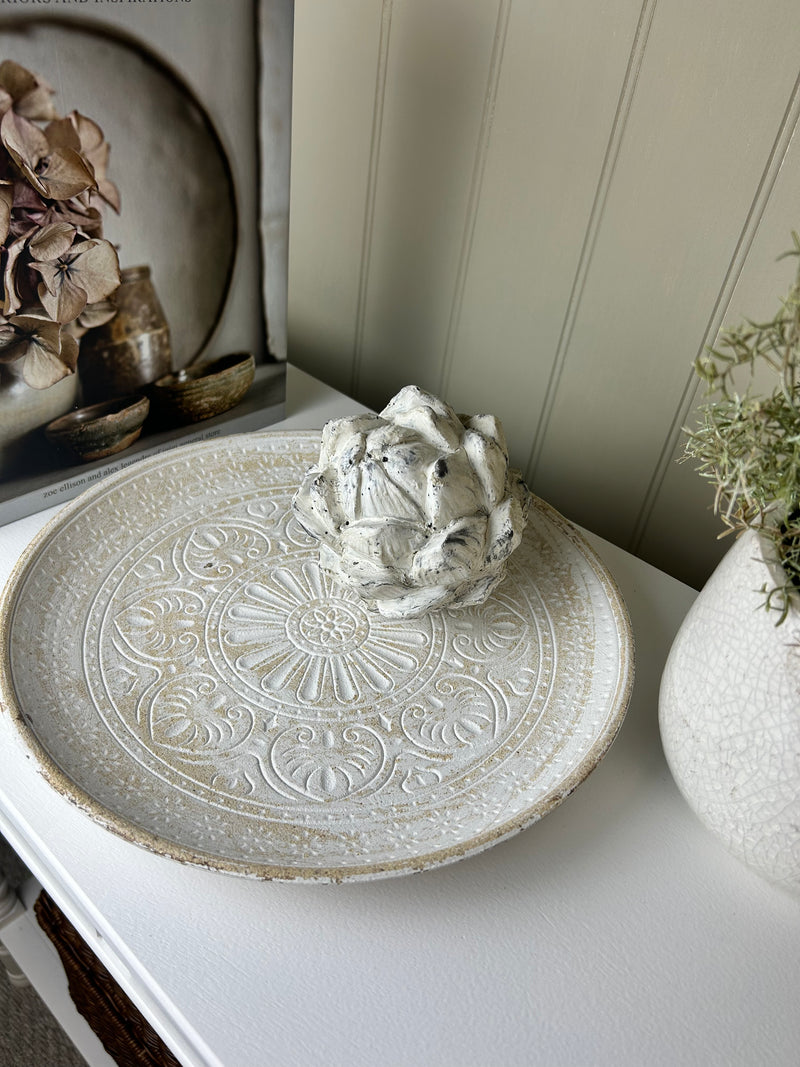 White Wash Wooden Patterned Tray Plate 29cm
