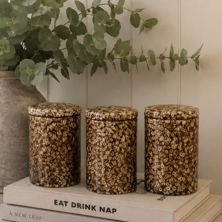 Reactive brown mottled print lidded canisters jars