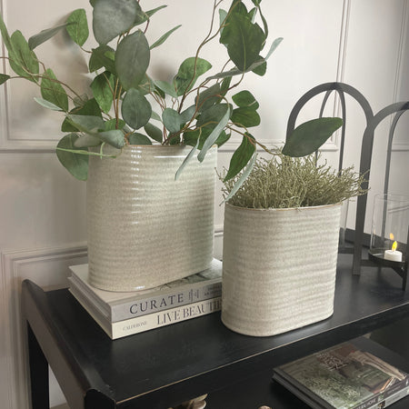 Oval ribbed slim neutral taupe vase