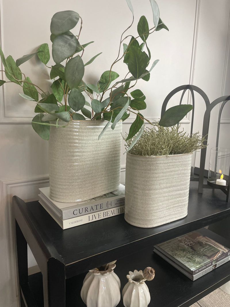Oval ribbed slim neutral taupe vase