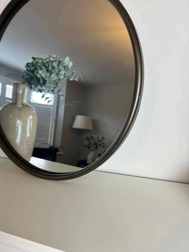 Large dark bronze round mirror with fob top