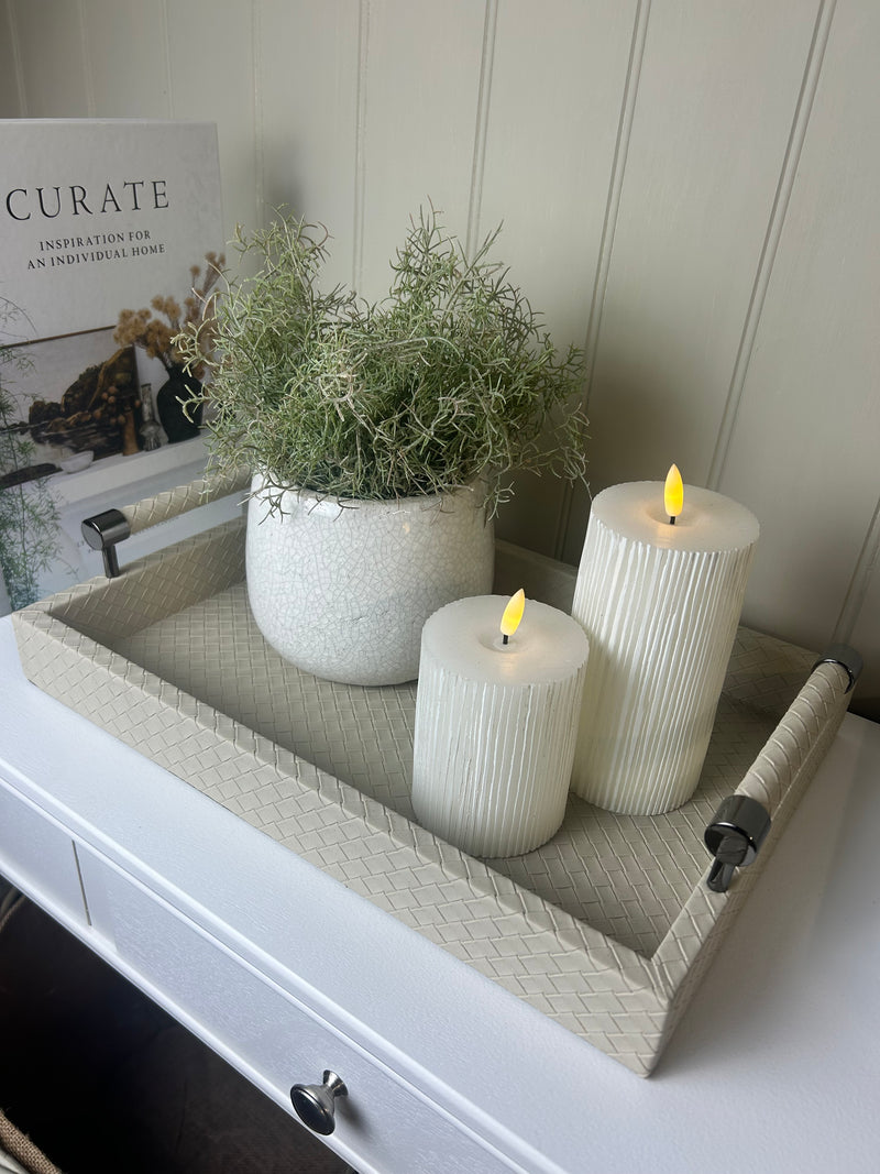 Cream leather look woven tray with gunmetal handles