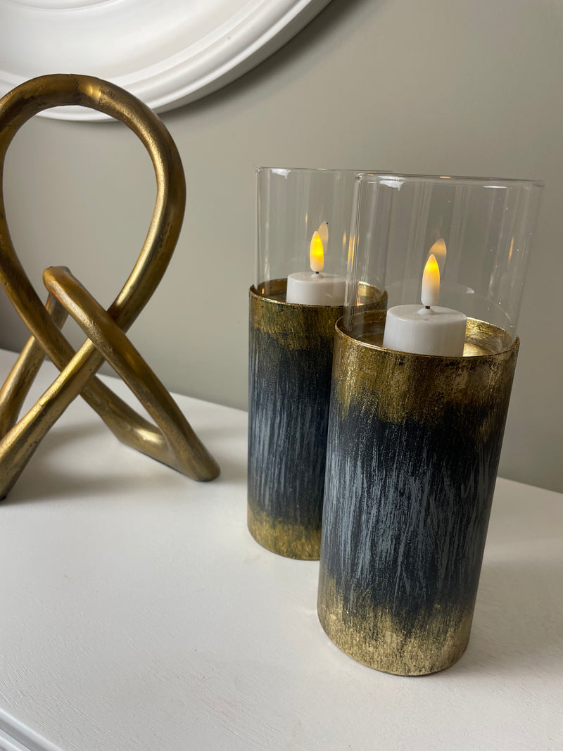 Pair of Distressed Gold & Blue Tall Candle Holder