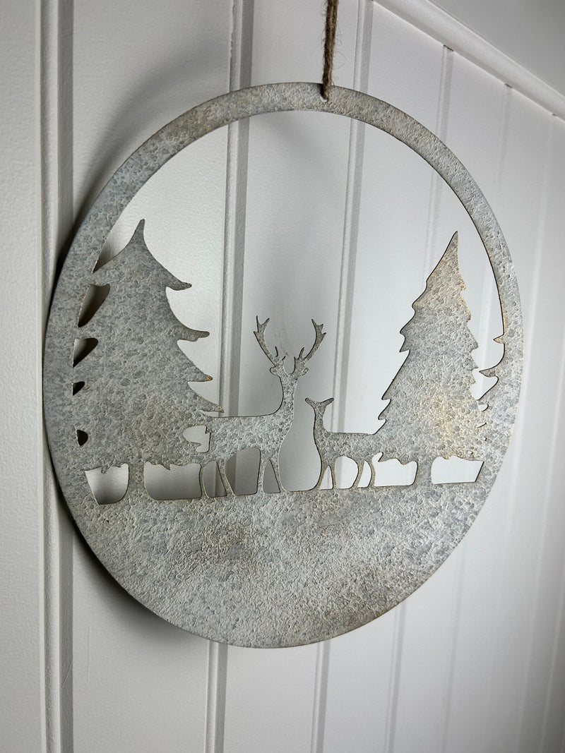 Rustic metal deer reindeer hanging scene 30cm