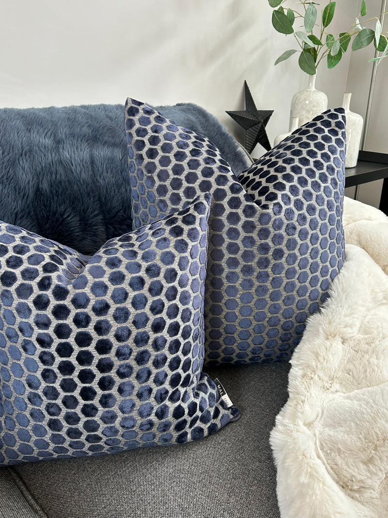 Navy Blue Jorvik Hexagon Velvet luxury Cushion Two Sizes