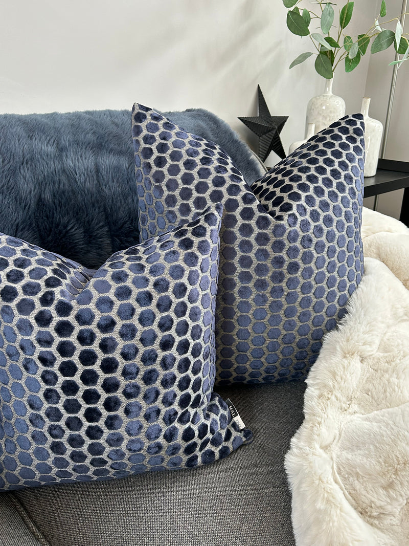Navy Blue Jorvik Hexagon Velvet Cushion Two Sizes