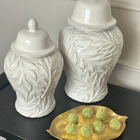 Ceramic leaf detail ginger jar white off white 2 sizes