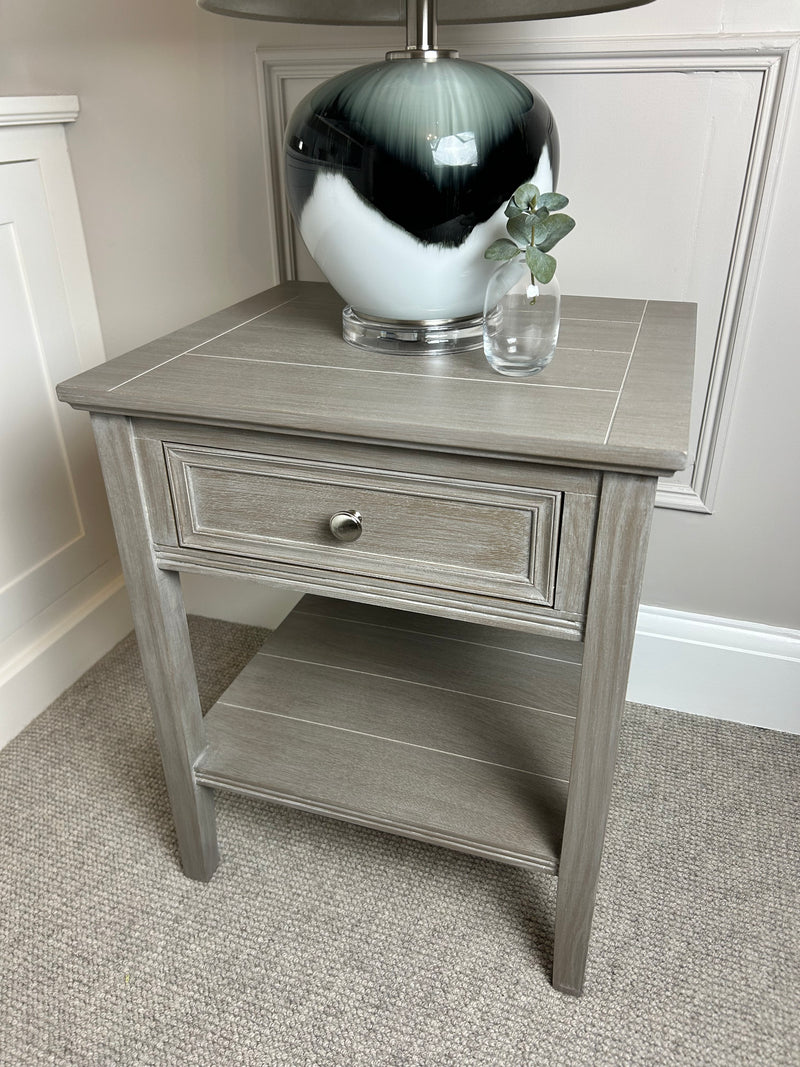 Serene washed wood one drawer side table bedside