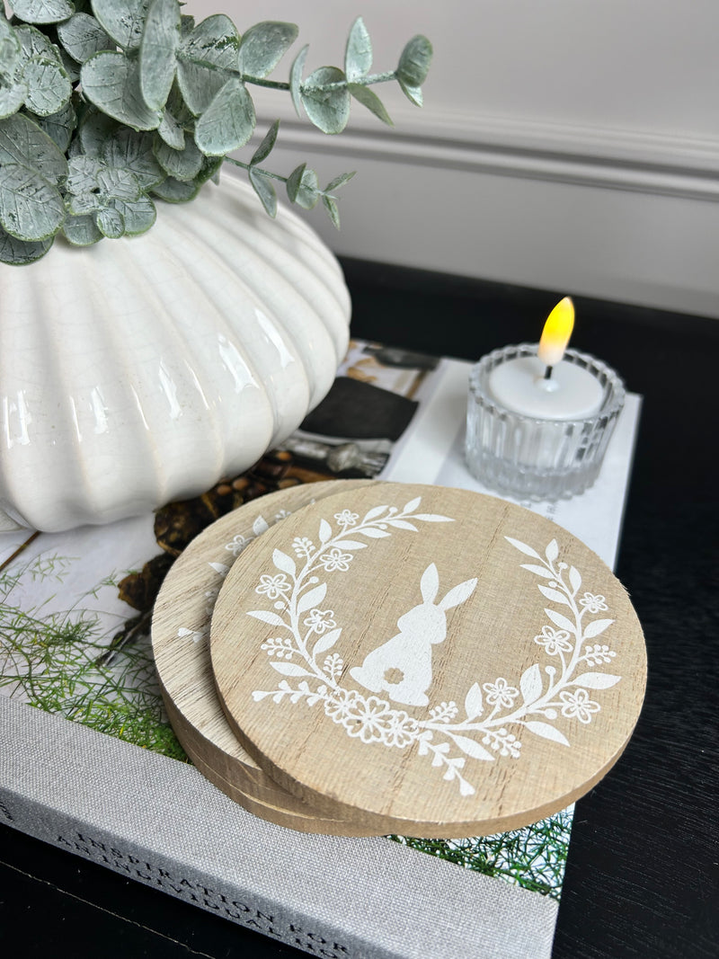 Set of 4 Round Wooden Easter Bunny Coasters