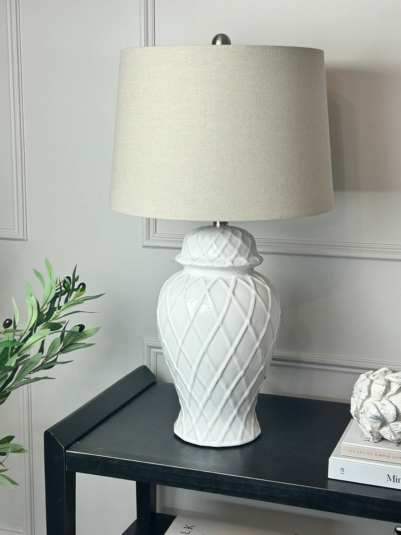 Ceramic base lattice grid lamp with linen shade