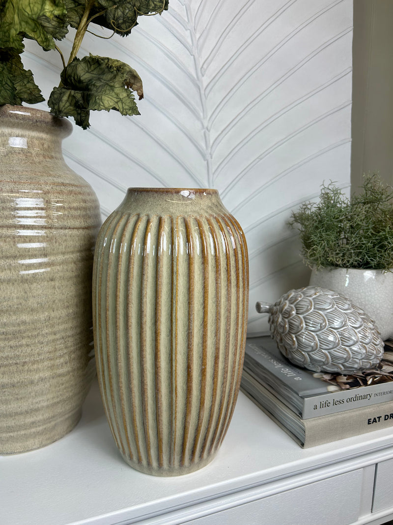Ribbed brown beige tall vase 30cm by 18cm