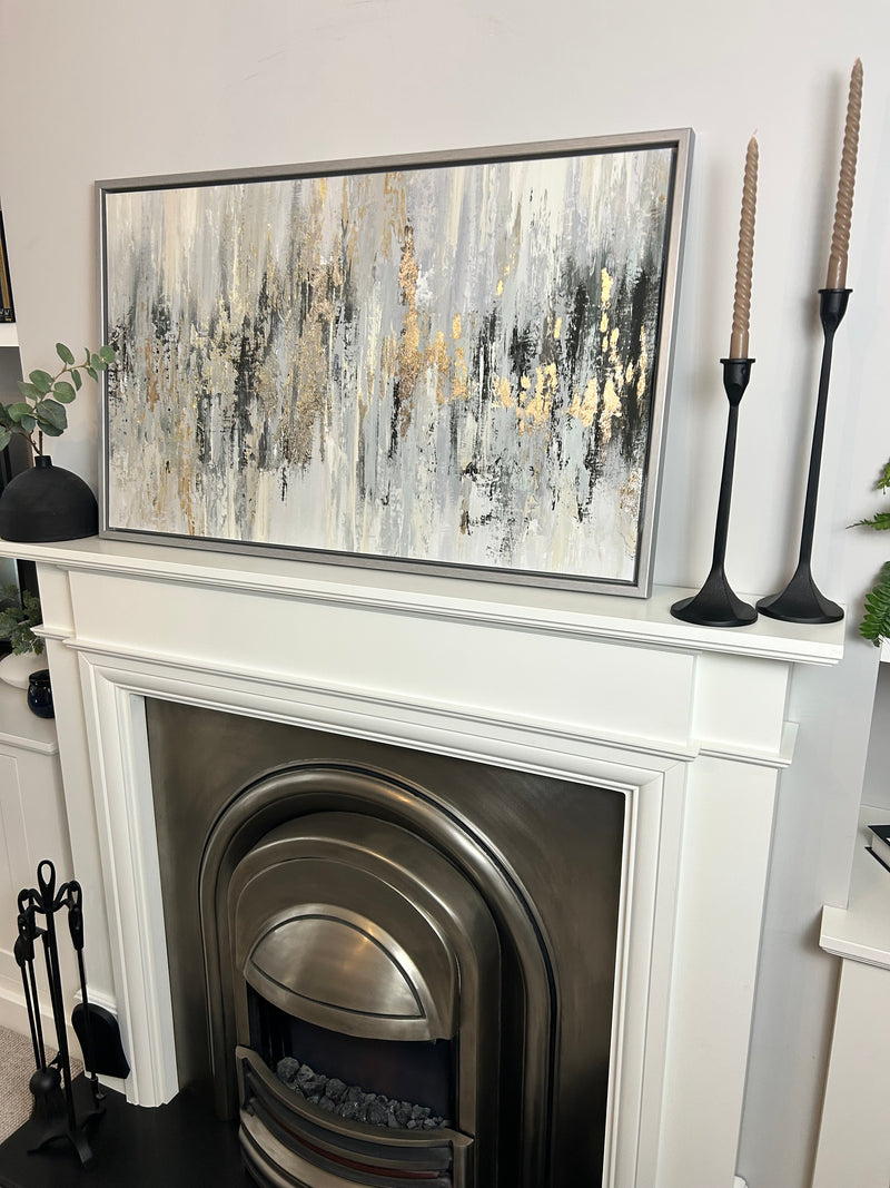 Dripping silver abstract framed canvas by Tom Reeves 60x96