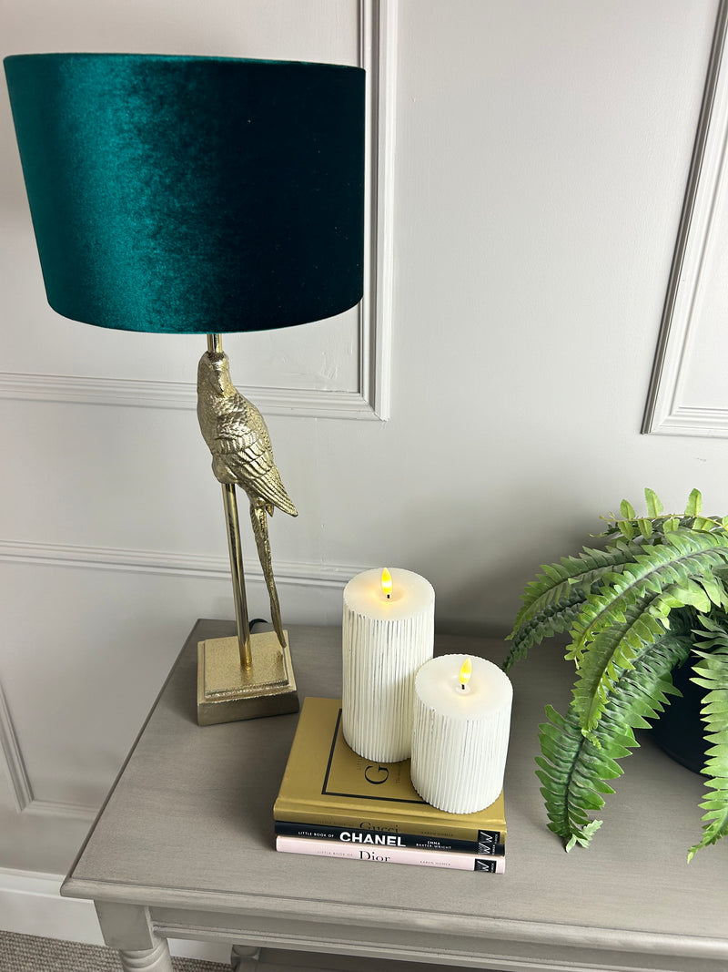 Gold parrot lamp with emerald green shade