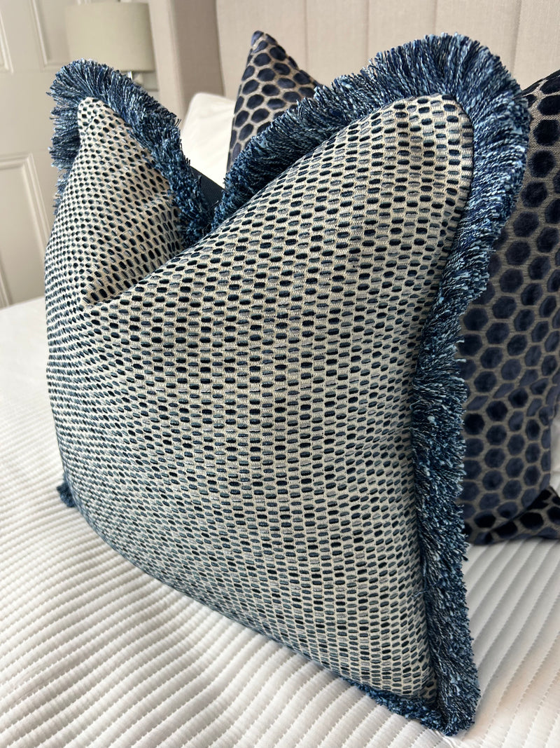 Blue Jacquard dot print frill Weave Fringed tassel Cushion Feather Filled luxury 45cm