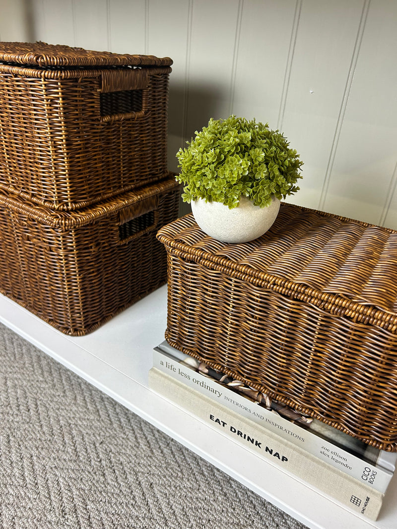 Dark Rattan Weave Lidded Basket Trunks, 3 sizes