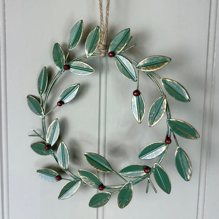 Red berry laurel metal hanging round wreath 17cm