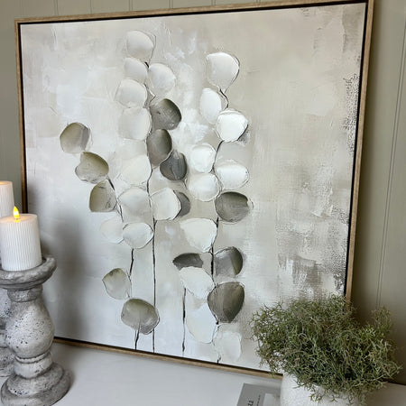 Mistora leaf eucalyptus stem floral hand painted picture framed art 80x80