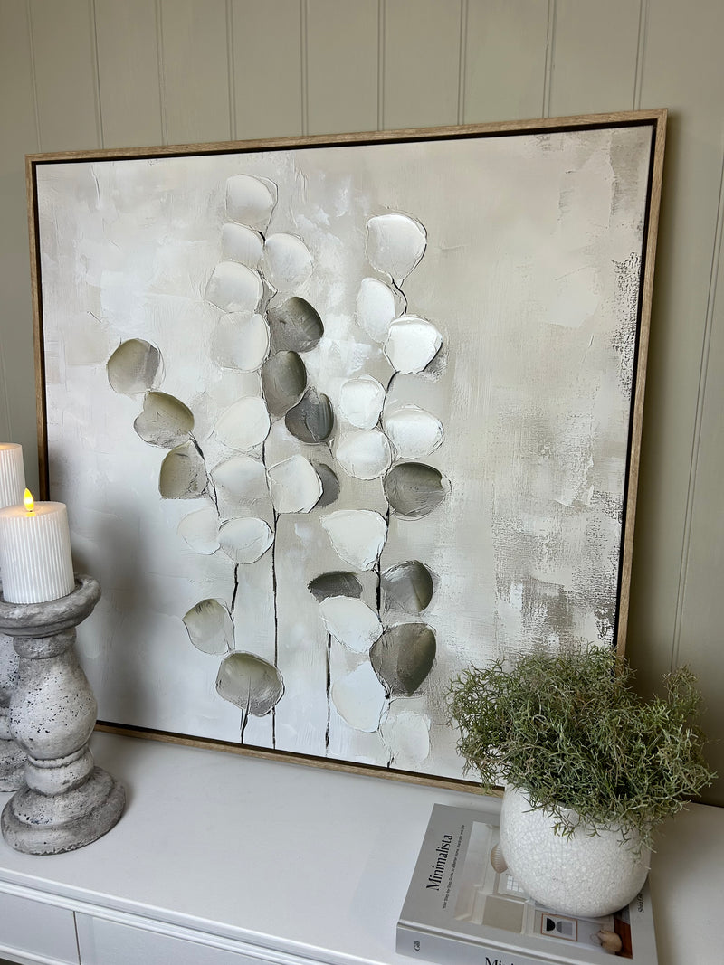 Mistora leaf eucalyptus stem floral hand painted picture framed art 80x80