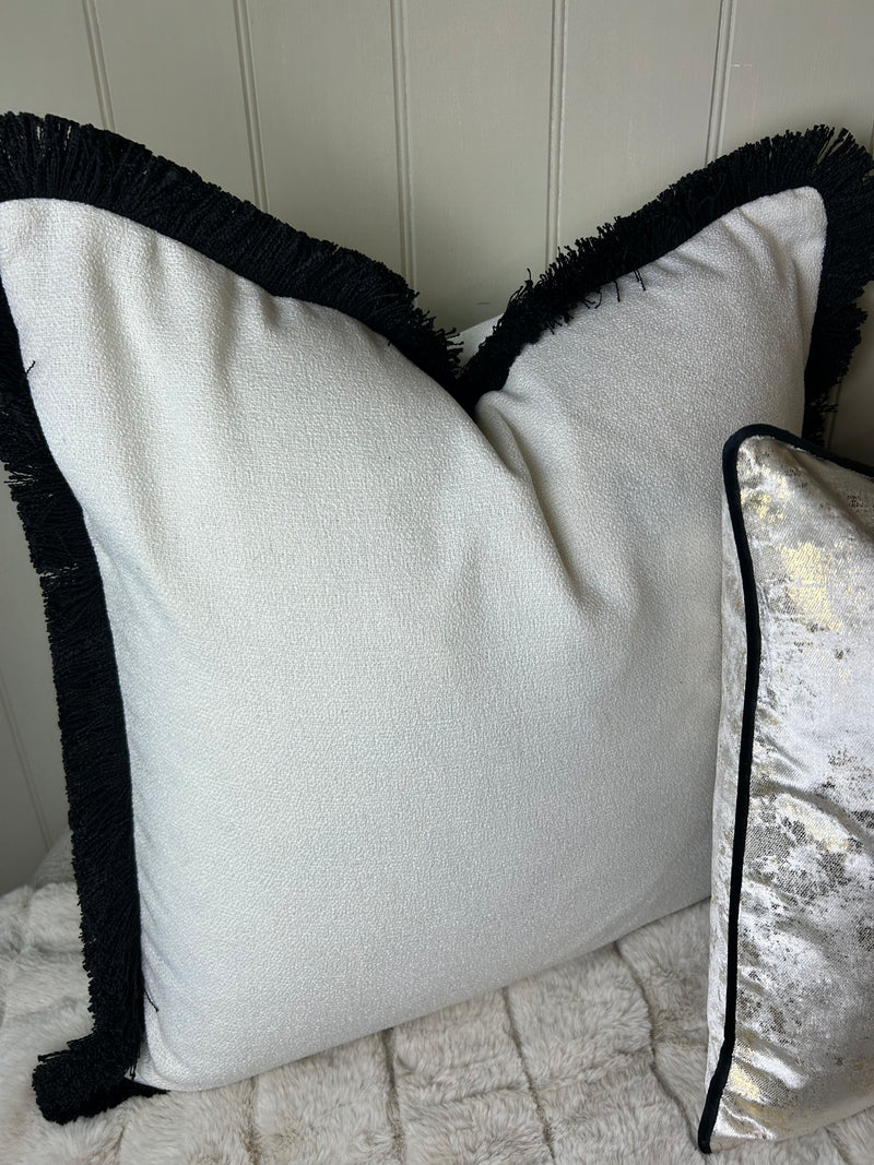 Ivory white boucle weave with Black Trim Edge Hugo Cushion 56cm