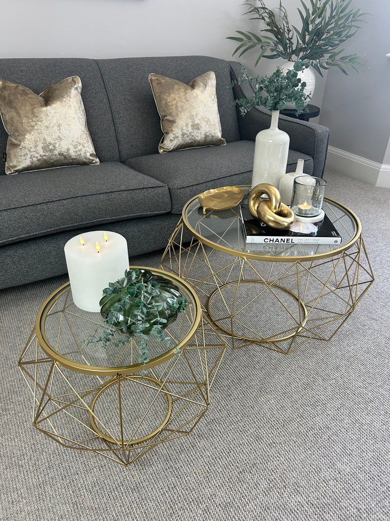 Set of two gold metal glass round coffee tables side table