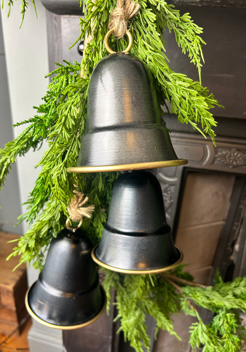 Set of 3 Hanging Pewter black gold Bells on Rope