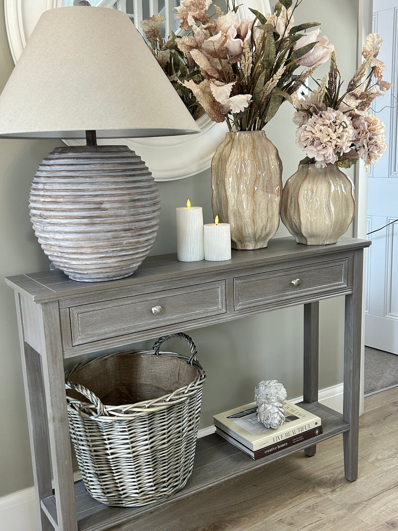 Washed wood 2 drawer console table with shelf