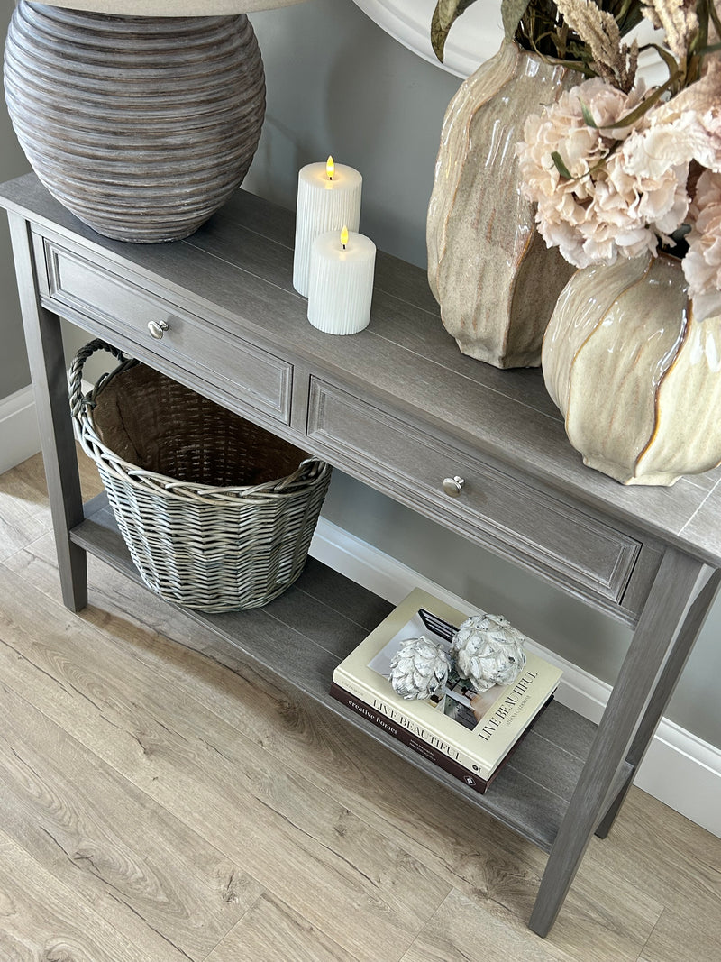 Washed wood 2 drawer console table with shelf