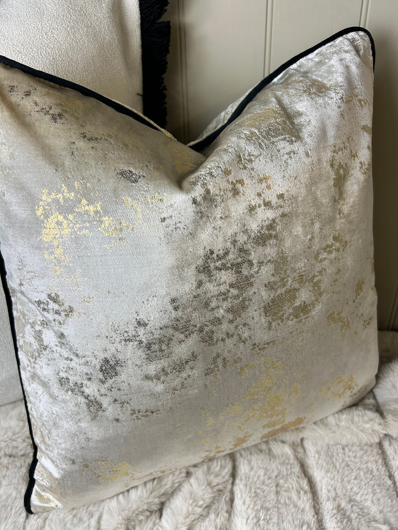 Paul Moneypenny Natural Velvet & Gold Foil Piped Edge 43cm luxury Cushion black piping