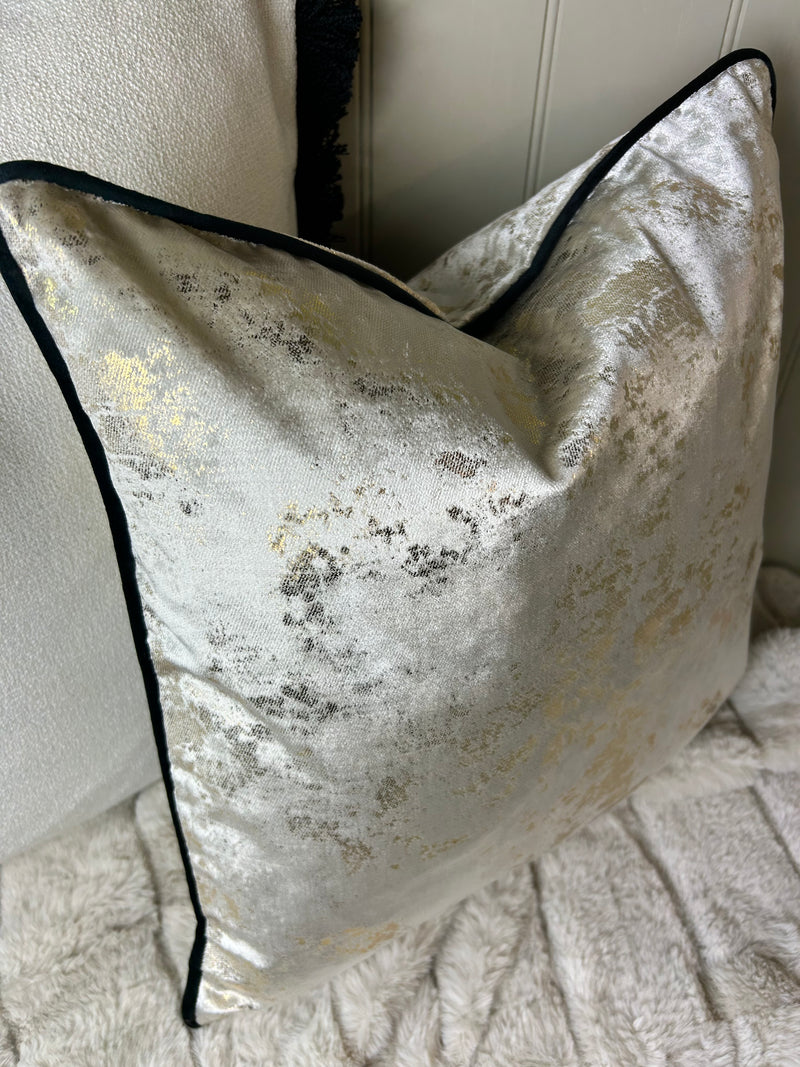 Paul Moneypenny Natural Velvet & Gold Foil Piped Edge 43cm luxury Cushion black piping