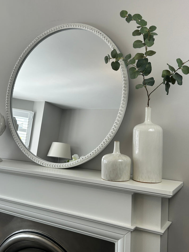 Washed wood round beaded frame mirror 76cm