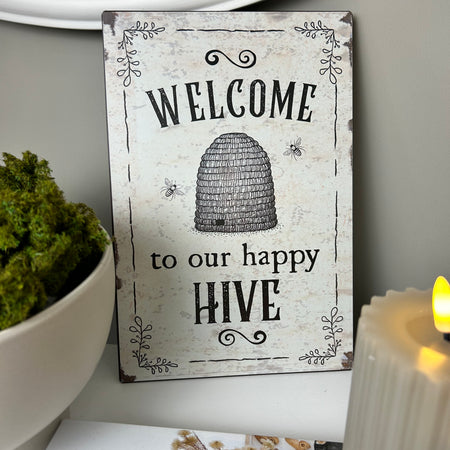‘Welcome to our happy hive’ Metal Vintage Sign Plaque