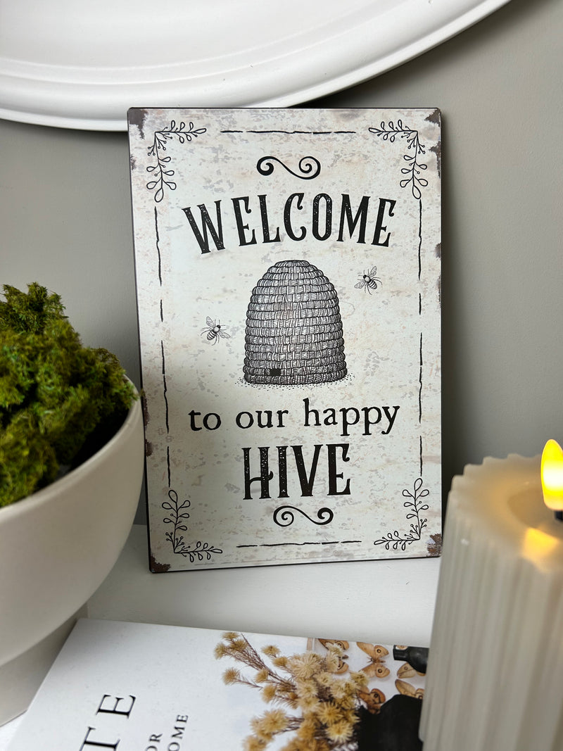 ‘Welcome to our happy hive’ Metal Vintage Sign Plaque