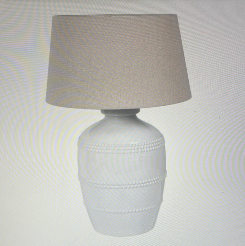 Off White beaded bobble ceramic lamp with linen shade