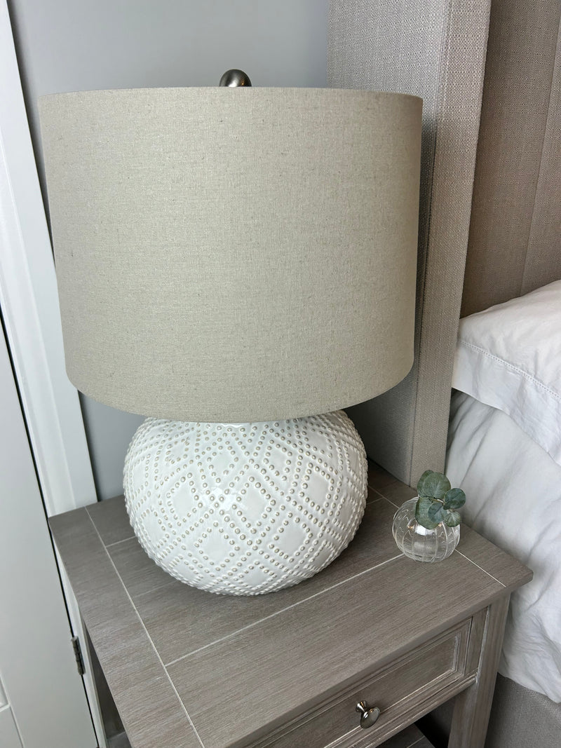 Squat beaded bobble ceramic lamp with shade