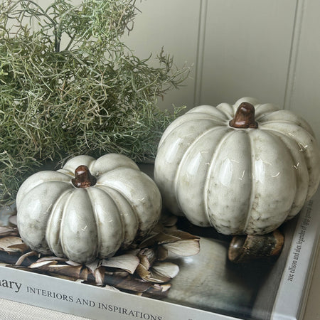 Rustic off white ceramic autumn Halloween pumpkins 2 sizes