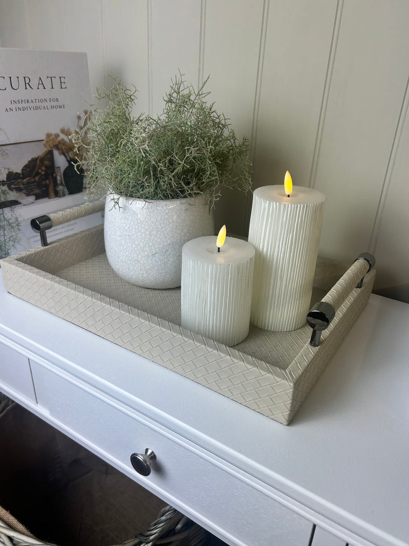 Cream leather look woven tray with gunmetal handles