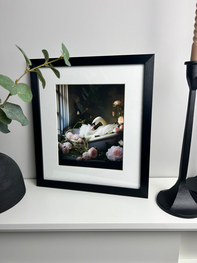 Bathroom joy swan framed print 30x34cm