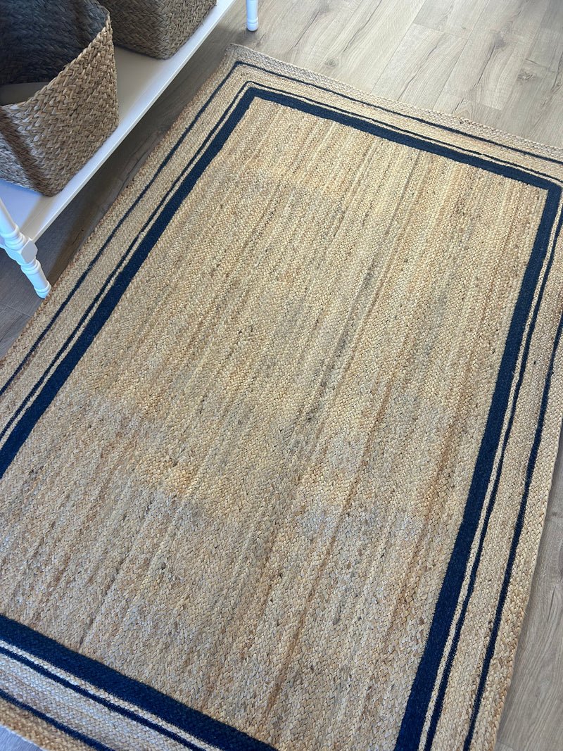 Rectangular Natural with Navy Border Woven seagrass Hemp Rug mat