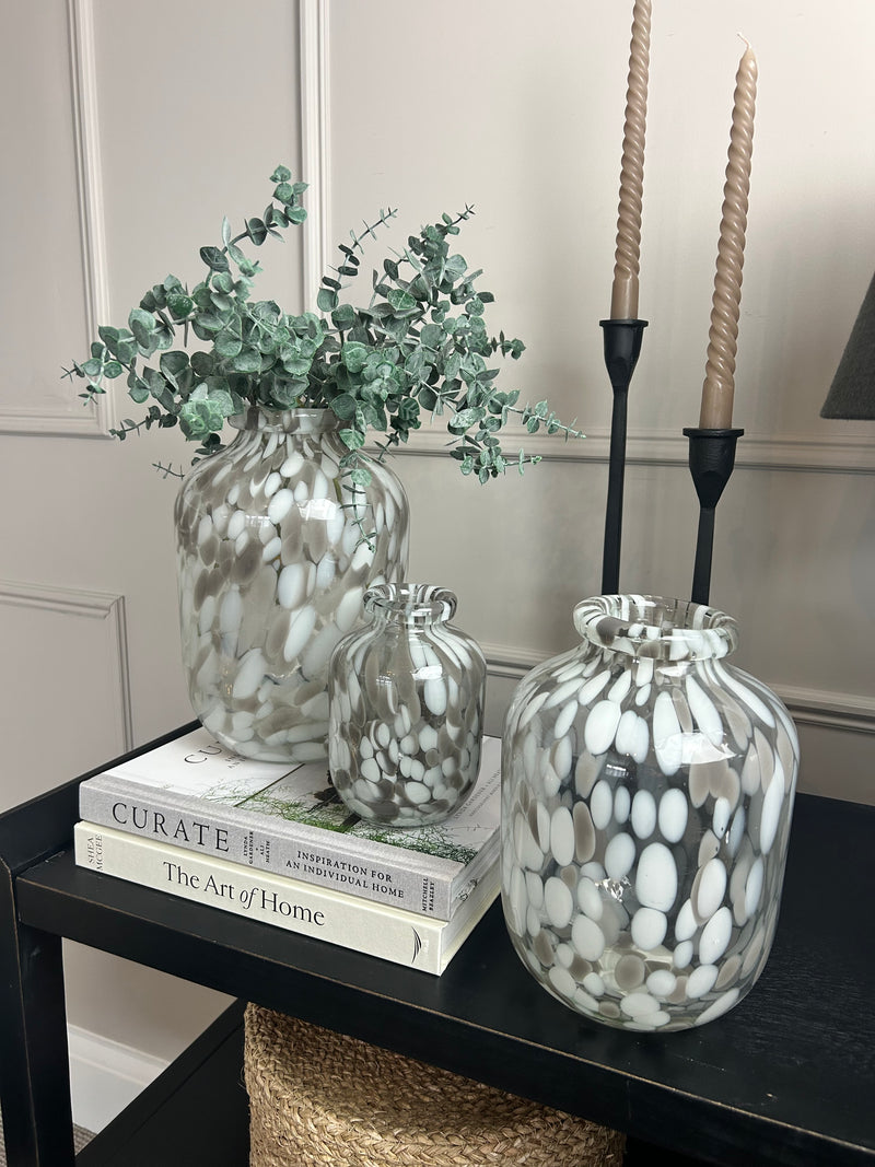 Mottled taupe white speckled glass vase 3 sizes