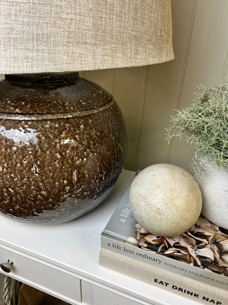 Large pecan brown round glaze table lamp linen shade