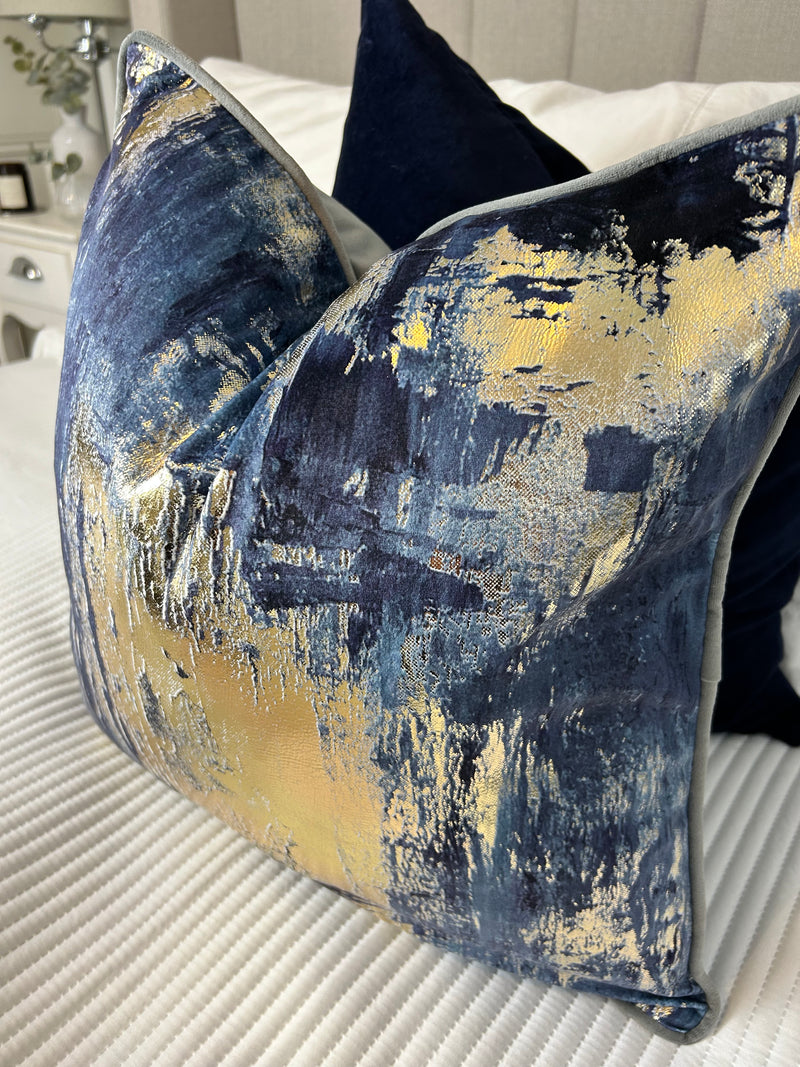 Idyllic abstract navy blue and gold grey luxury cushion