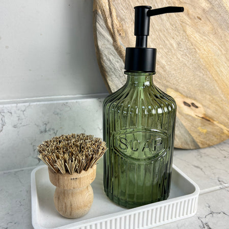 Glass Ribbed Soap Dispenser With Black Pump embossed green and clear
