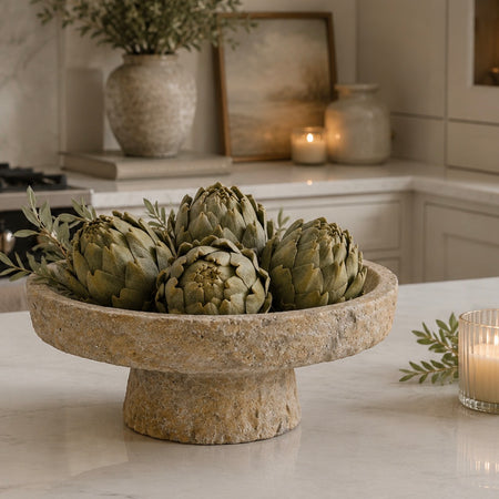 Green rustic textured plate tray on feet stand